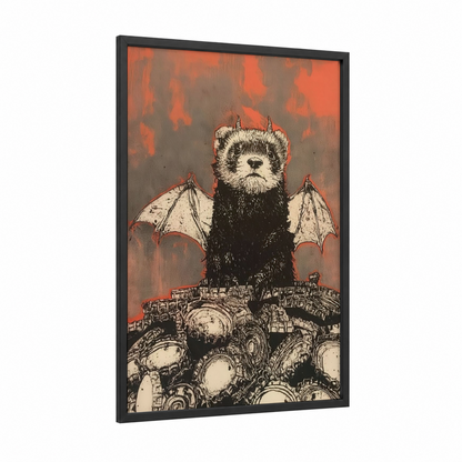 Demon Ferret framed art print — black wood frame — black and white and pumpkin palette