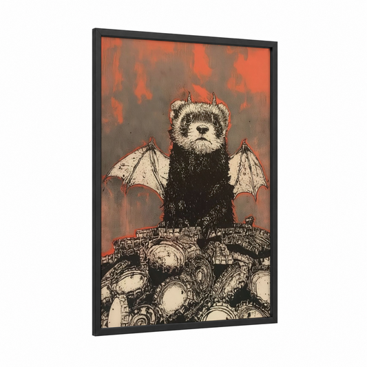 Demon Ferret framed art print — black wood frame — black and white and pumpkin palette