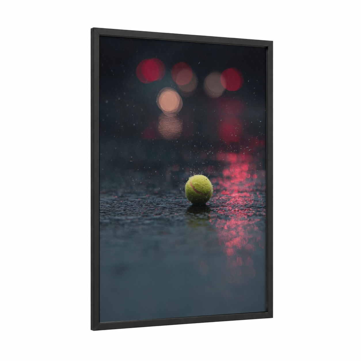 Rainy Court Reflections framed tennis print — black wood frame — dark blue and red palette