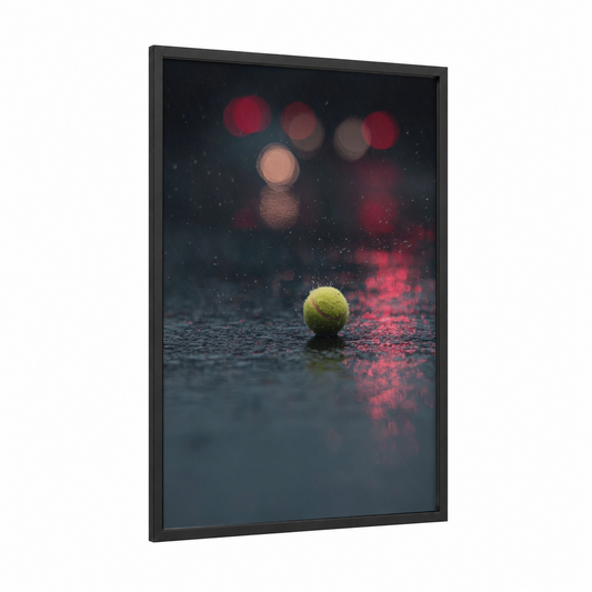 Rainy Court Reflections framed tennis print — black wood frame — dark blue and red palette