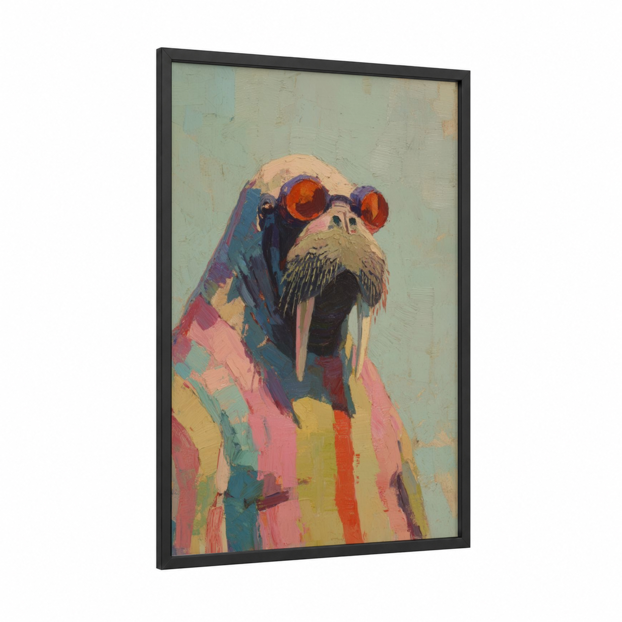 Colorful Walrus framed art print — black wood frame — blue and pink palette