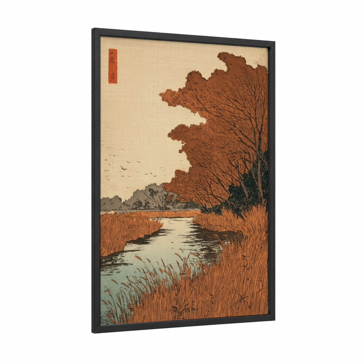 Autumn Riverside Grass framed art print — black wood frame — russet and cream palette
