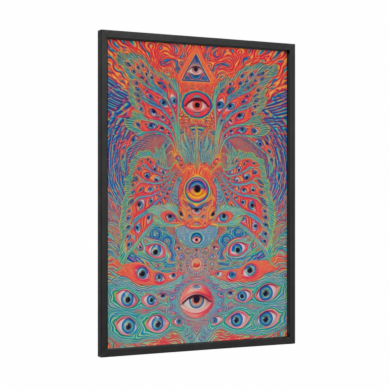 Psychedelic Eye Mandala framed goldfish print — black wood frame — red and teal palette