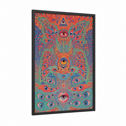 Psychedelic Eye Mandala framed goldfish print — black wood frame — red and teal palette