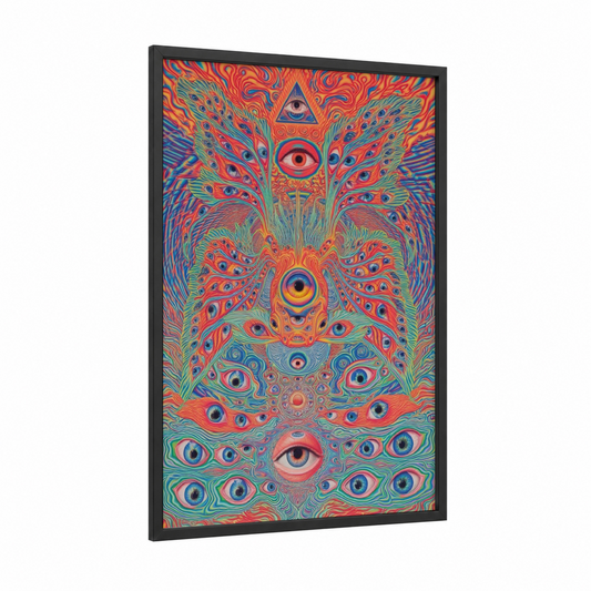 Psychedelic Eye Mandala framed goldfish print — black wood frame — red and teal palette