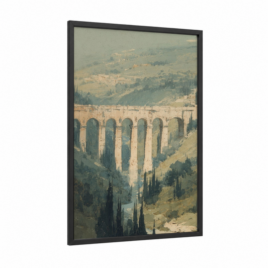 Ancient Stone Aqueduct framed bridges print — black wood frame — cream and sage green palette