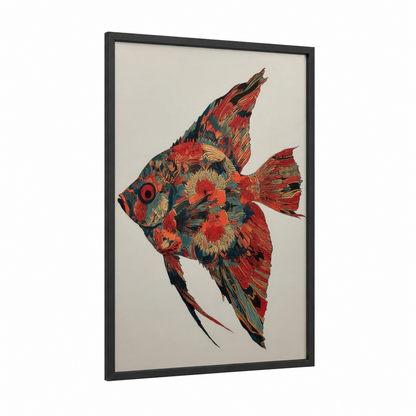 Crimson Angel Fish framed art print — black wood frame — red and dark blue palette