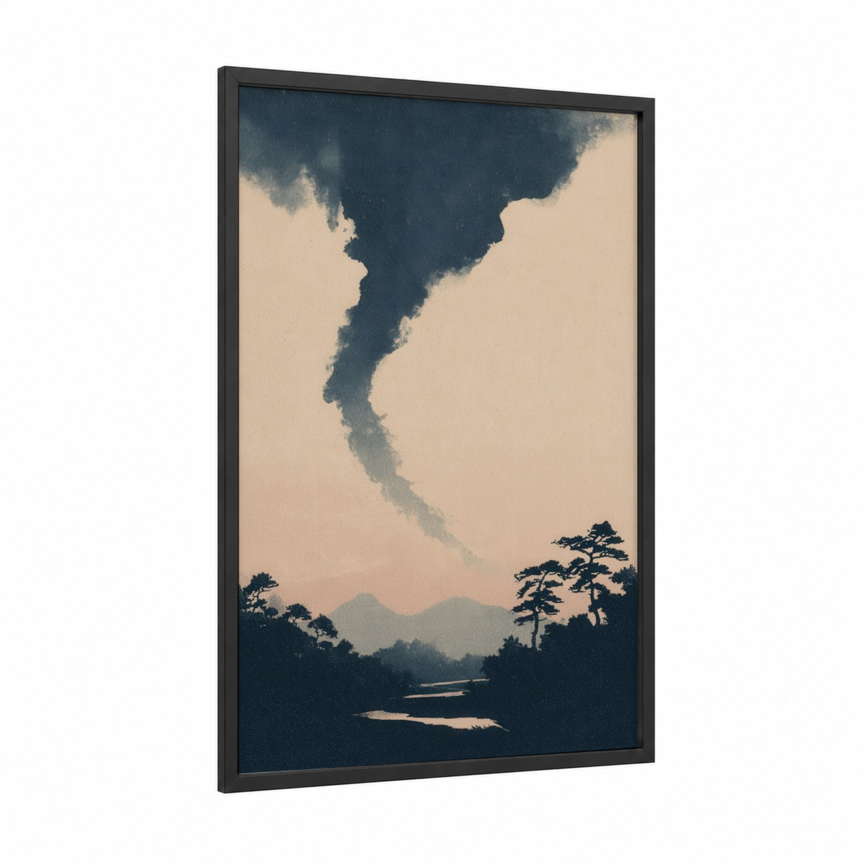 Storm Valley Tornado framed art print — black wood frame — dark blue and cream palette