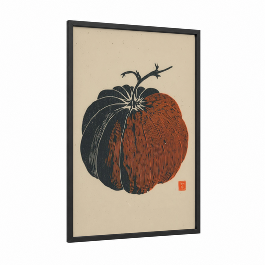 Heirloom Tomato Woodblock framed fruit print — black wood frame — russet and black palette