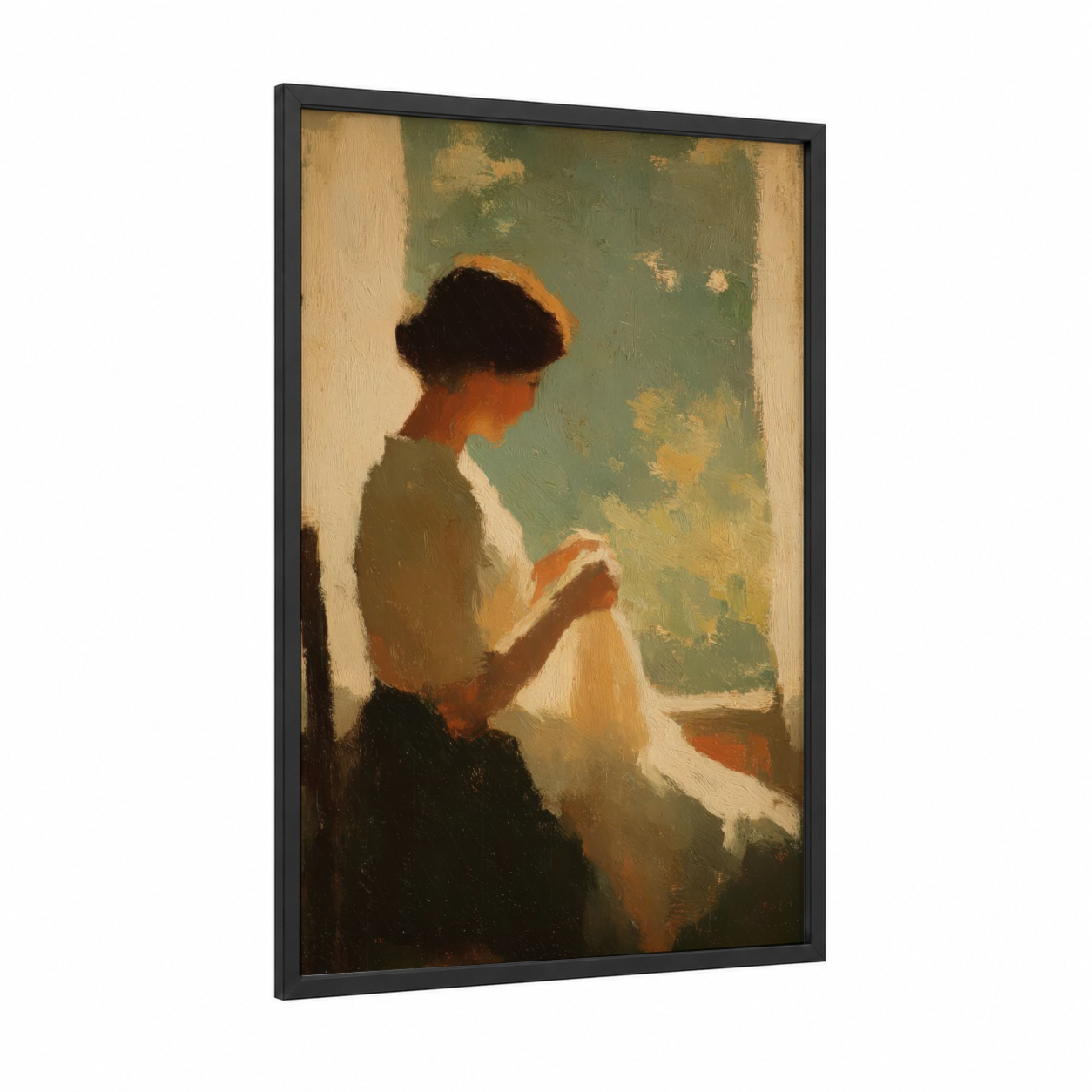 Window Knitter framed knitting and sewing print — black wood frame — sage green and cream palette