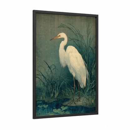 Marshland Heron framed crane print — black wood frame — sage green and white palette