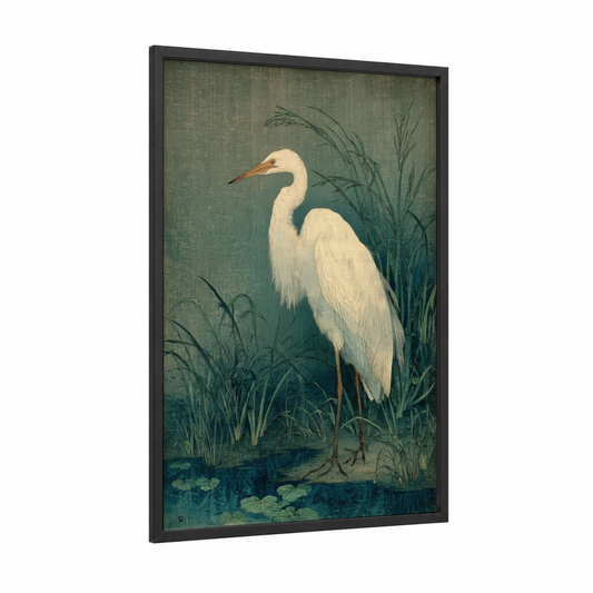 Marshland Heron framed crane print — black wood frame — sage green and white palette