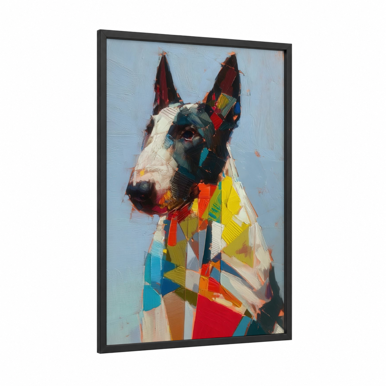 Colorful Terrier Portrait framed art print — black wood frame — red and yellow palette
