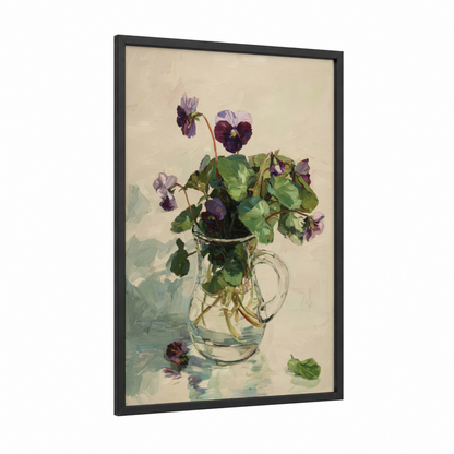 Purple Violets Arrangement framed art print — black wood frame — lavender and cream palette