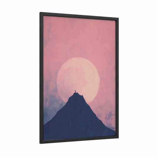 Pink Moon Summit framed art print — black wood frame — pink and blue palette