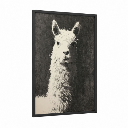 Serene Alpaca framed art print — black wood frame — black and white palette