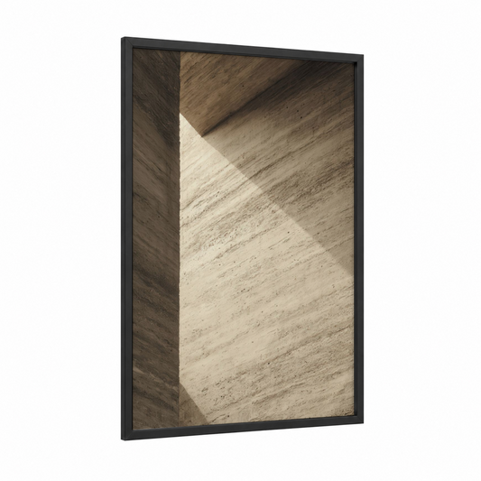 Shadow Geometry framed natural stones print — black wood frame — cream and dove gray palette