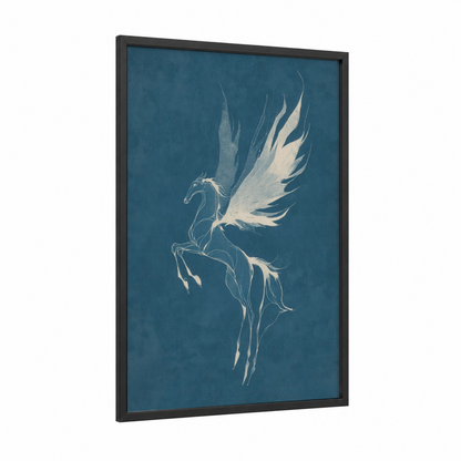 Celestial Pegasus framed art print — black wood frame — teal and white palette
