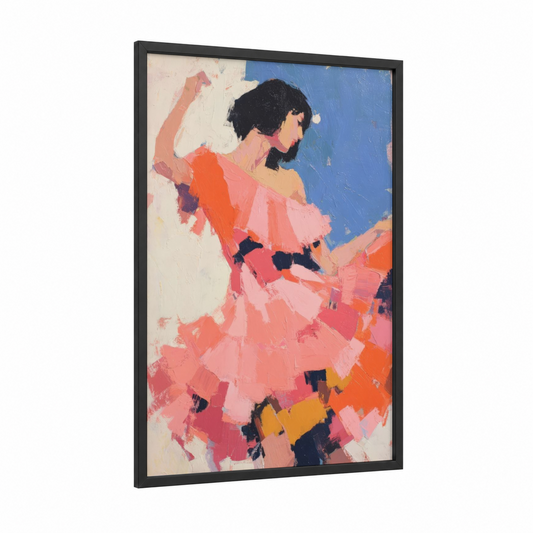Vibrant Salsa Dancer framed art print — black wood frame — orange and pink palette
