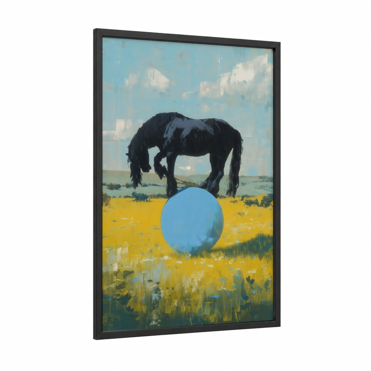 Surreal Friesian framed friesian horse print — black wood frame — blue and yellow gold palette