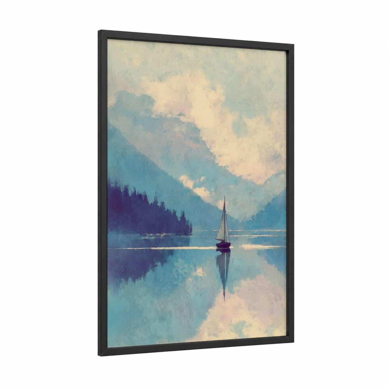 Alpine Sailing framed sailing ship print — black wood frame — blue and cream palette