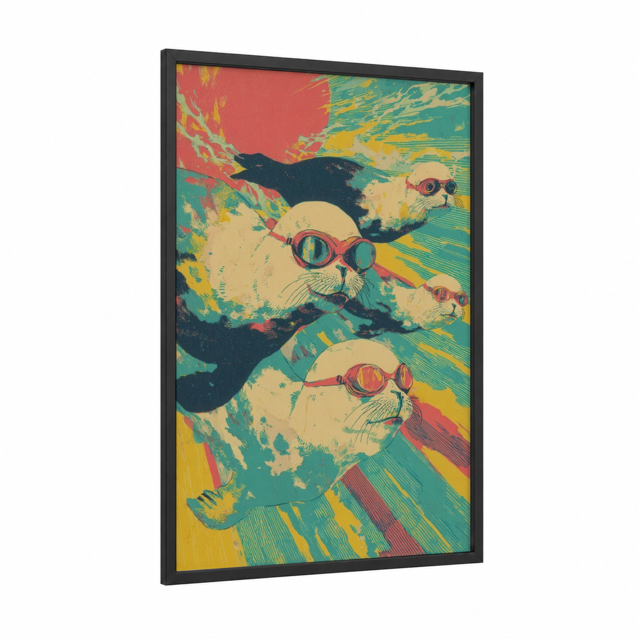 Goggle Seals framed art print — black wood frame — red and teal palette