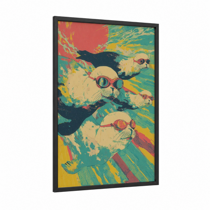 Goggle Seals framed art print — black wood frame — red and teal palette