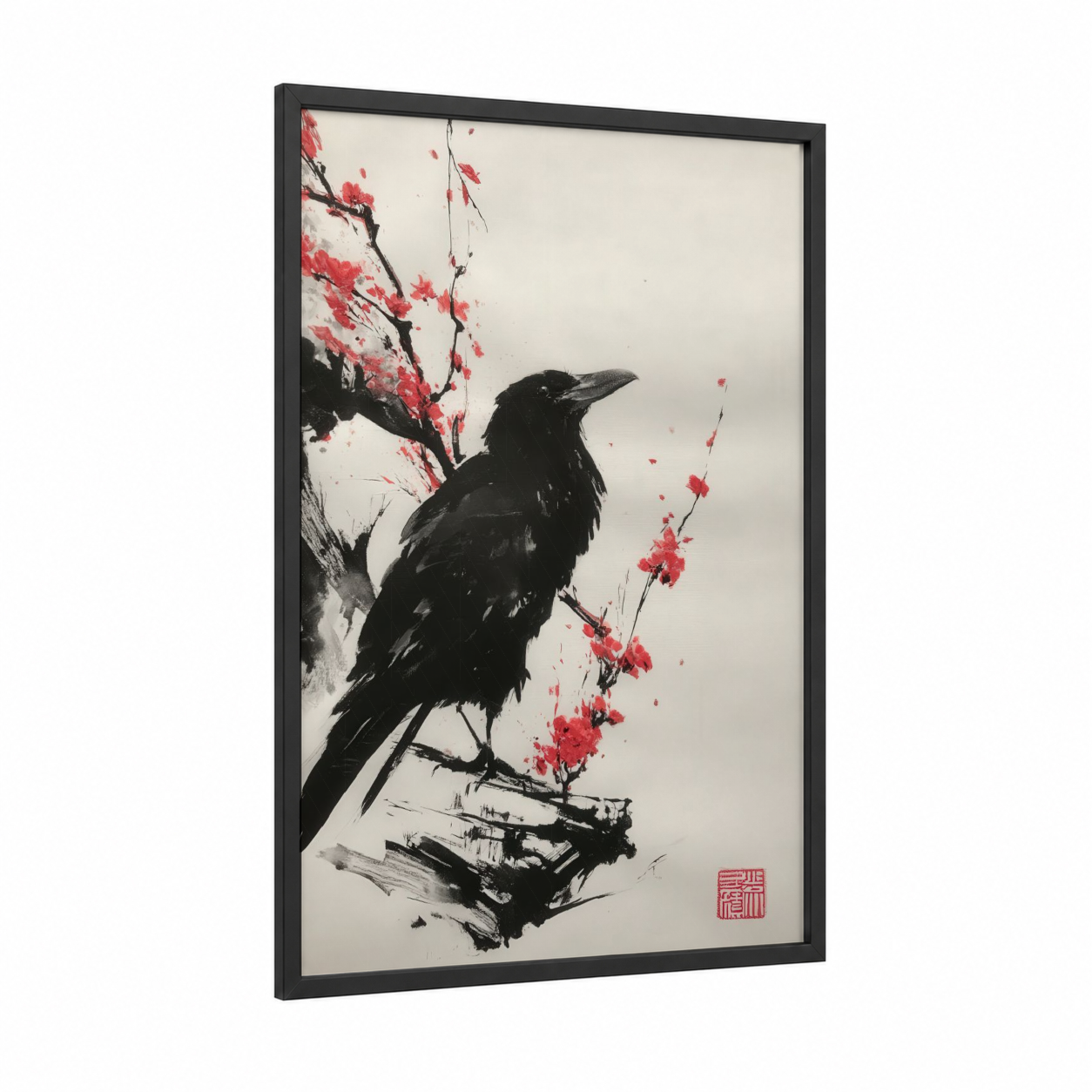 Cherry Blossom Raven framed crows and ravens print — black wood frame — black and white and salmon pink palette