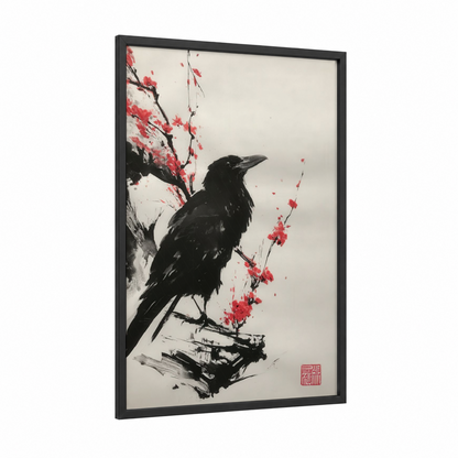 Cherry Blossom Raven framed crows and ravens print — black wood frame — black and white and salmon pink palette