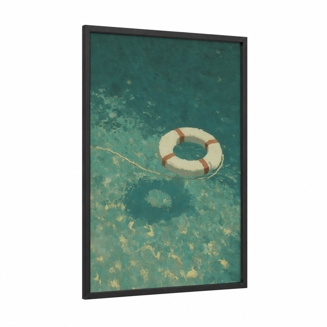 Coastal Life Ring framed art print — black wood frame — teal and cream palette