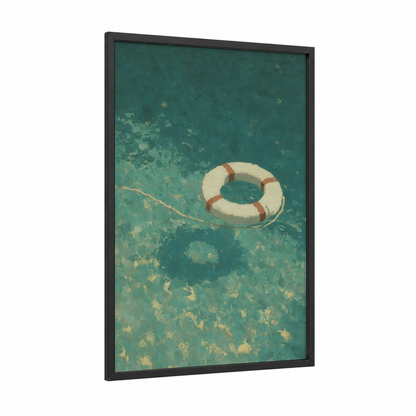 Coastal Life Ring framed art print — black wood frame — teal and cream palette