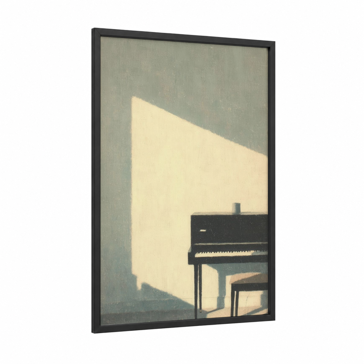 Sunlit Piano framed keyboard print — black wood frame — cream and gray palette