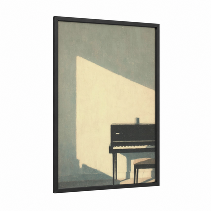 Sunlit Piano framed keyboard print — black wood frame — cream and gray palette