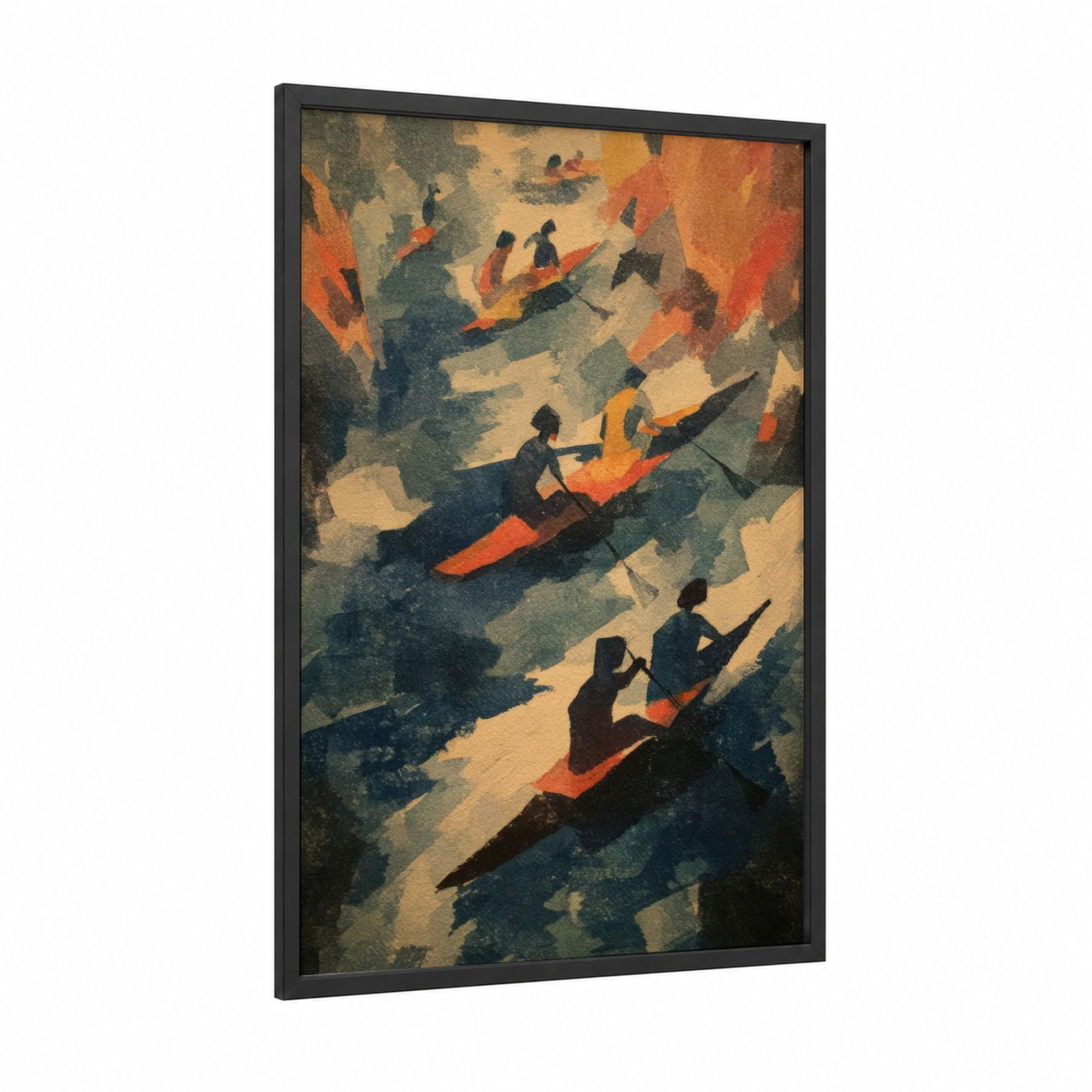 Autumn Kayaking framed kayaks and canoes print — black wood frame — orange and sage green palette