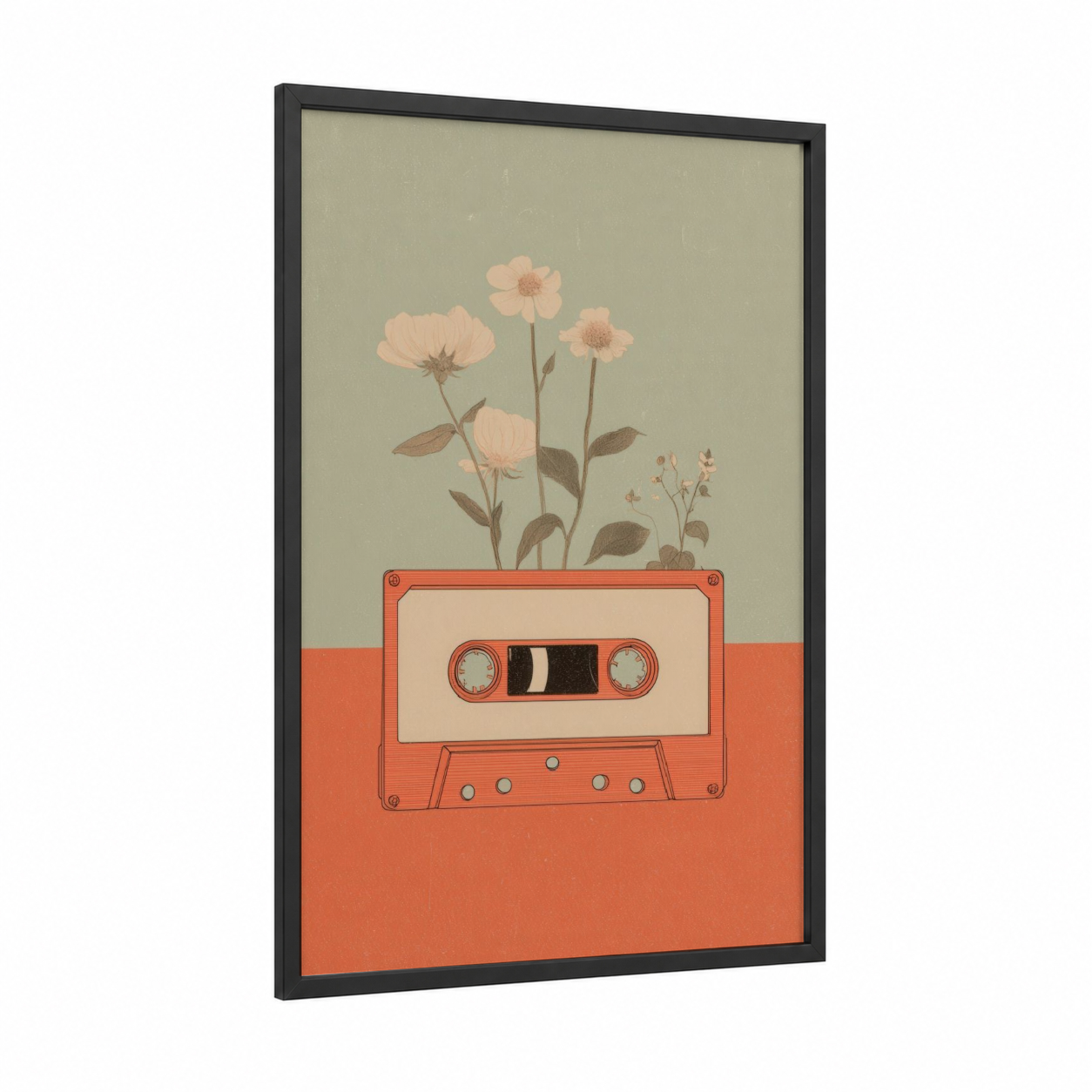 Retro Cassette Bloom framed casette print — black wood frame — peach and orange palette