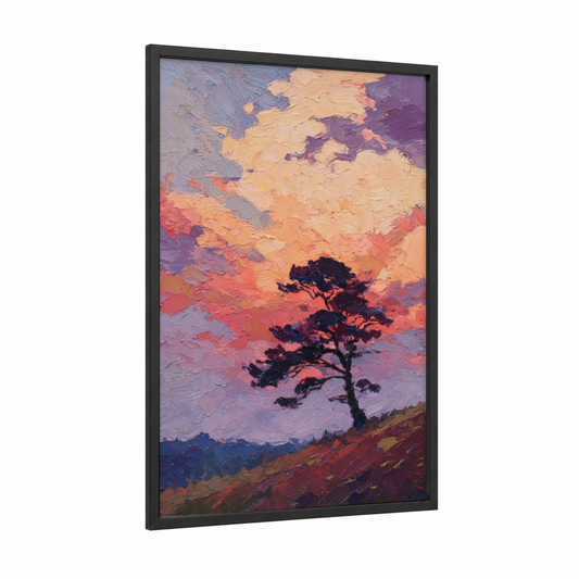 Golden Sunset Kauri framed kauri tree print — black wood frame — gold and purple palette