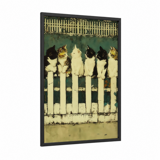 Fence Kittens framed cat print — black wood frame — green and cream palette