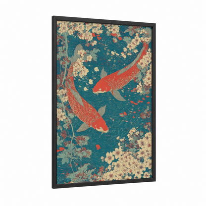 Celestial Koi framed pisces print — black wood frame — teal and red palette