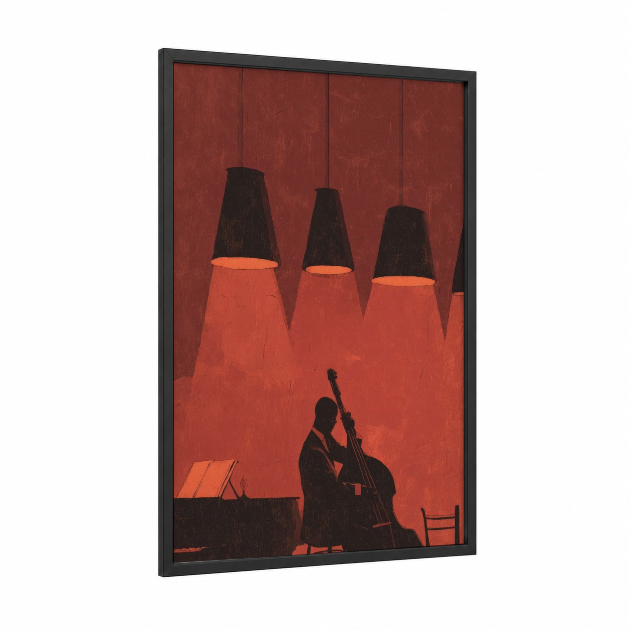 Crimson Cellist framed musician print — black wood frame — red and black palette