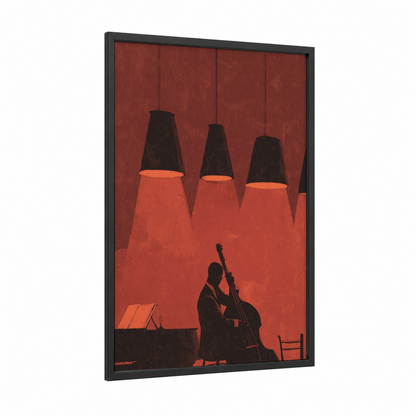 Crimson Cellist framed musician print — black wood frame — red and black palette