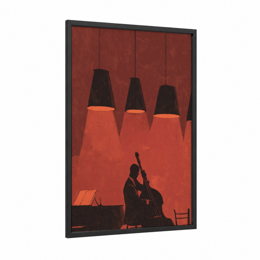 Crimson Cellist framed musician print — black wood frame — red and black palette