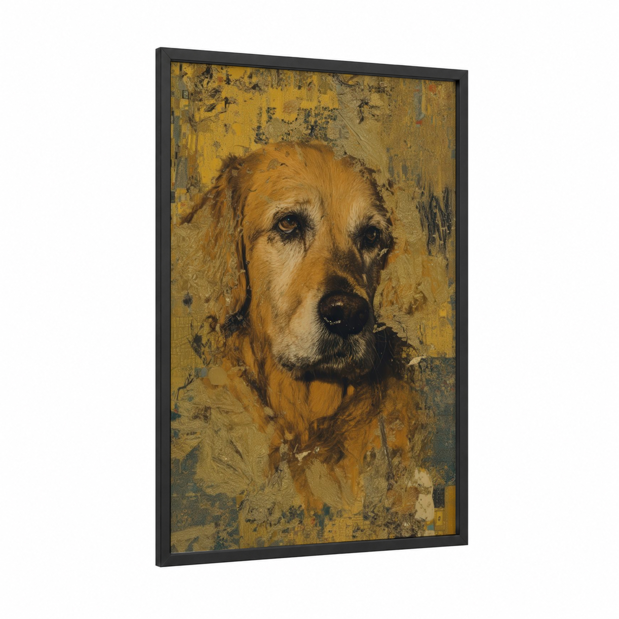 Golden Retriever Portrait framed art print — black wood frame — gold and brown palette