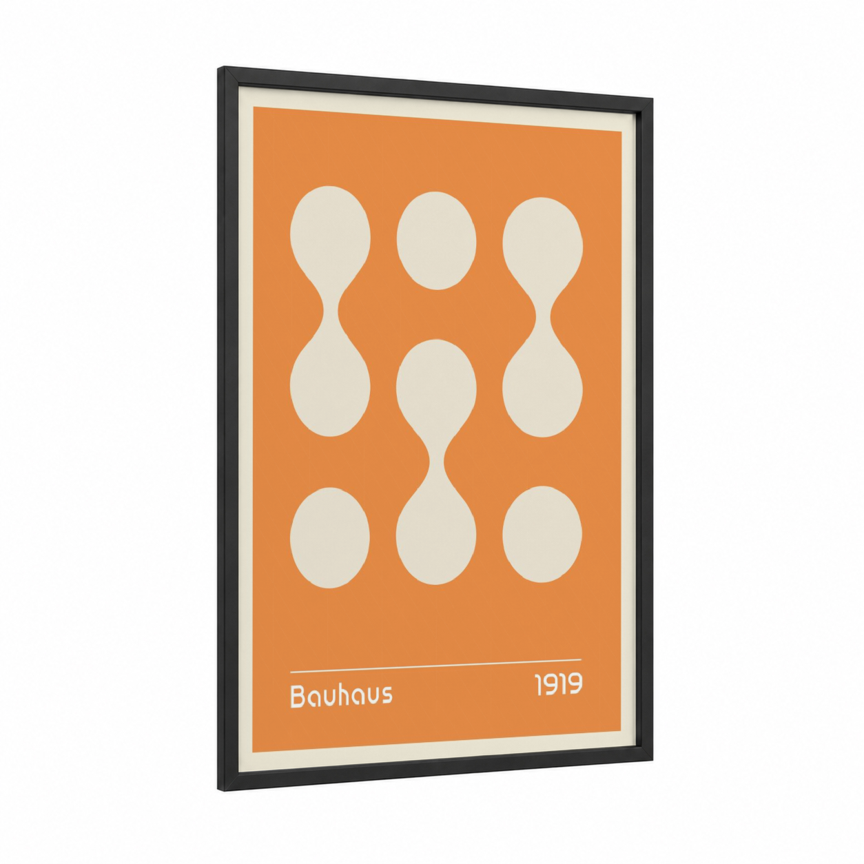 Bauhaus Circles framed abstract geometric print — black wood frame — orange and cream palette