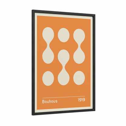 Bauhaus Circles framed abstract geometric print — black wood frame — orange and cream palette