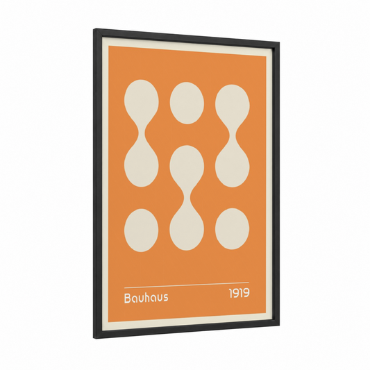 Bauhaus Circles framed abstract geometric print — black wood frame — orange and cream palette