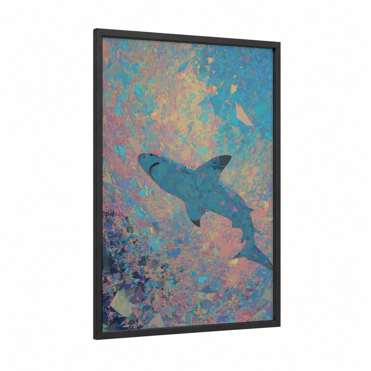 Geometric Shark framed blue shark print — black wood frame — blue and gold and pink palette