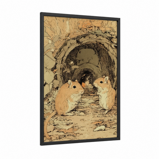 Curious Gerbils framed art print — black wood frame — beige and black palette