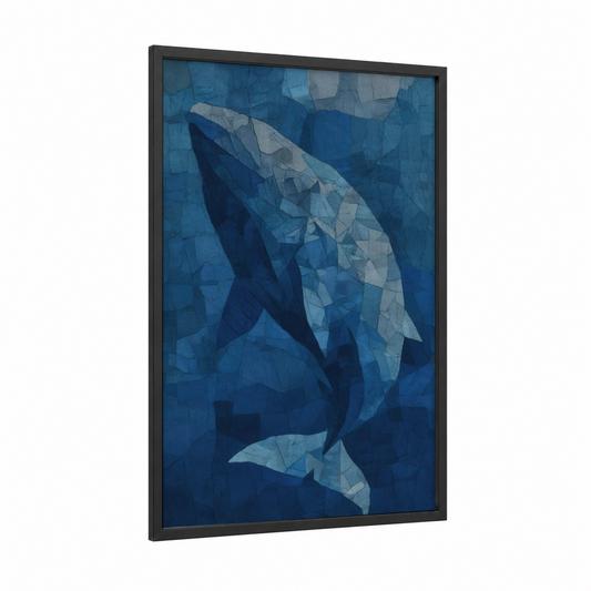 Deep Ocean Whale framed sperm whale print — black wood frame — blue and gray palette