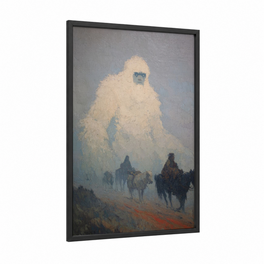 Misty Yeti framed art print — black wood frame — white and gray palette