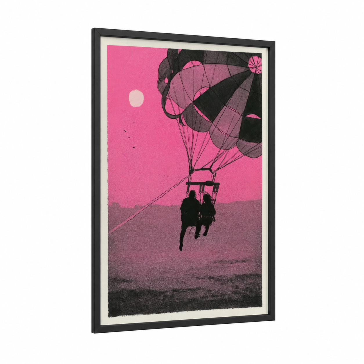 Sunset Parasailing framed art print — black wood frame — magenta and black palette